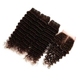 Boutons Peruviens Chocolate brun brun vierge Les paquets de cheveux humains s'occupent de 3pcs avec une vague profonde # 4 Les cheveux brun foncé tissaient avec 4x4 en dentelle Closu