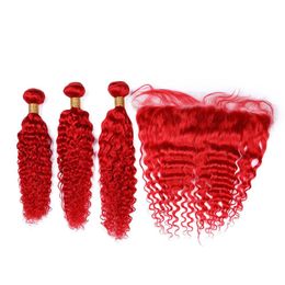 Trames Extensions de tissage de cheveux malaisiens de vague profonde rouge pur avec des faisceaux de cheveux humains ondulés rouge vif frontal 3 pièces avec fermeture frontale en dentelle
