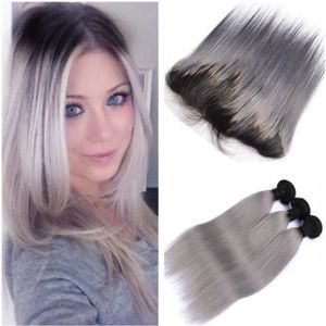 Toutes droite 1B / gris ombre vierge poivienne humaine Human 3Bundles Traite avec les frontaux Ombre Silver Grey Lace Frontal Fermure 13X4 avec nous