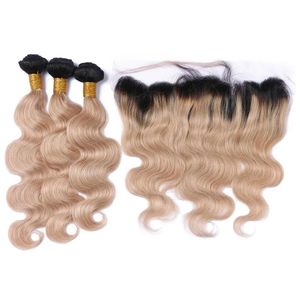 Inslagen Tweekleurig 1B/27 Honingblond Ombre Maagdelijk Braziliaans menselijk haar weeft 3 bundels met Aardbeiblond Ombre Body Wave 13x4 Kant Fr