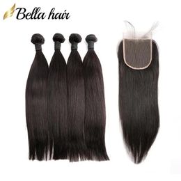 Tramas Paquetes de cabello humano indio sin procesar con cierre de encaje 4x4 Color natural Extensiones de cabello virgen recto Tejido Bellahair Full Hea