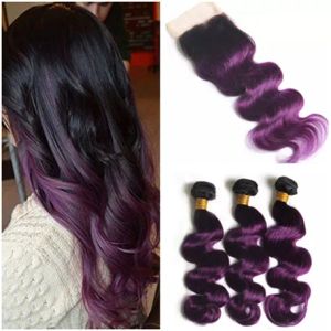 Inslag Maagdelijke Peruaanse ombre Purple Humple Hair Body Wave 3bundels met sluiting 4pcs Lot Two Tone 1B/Purple Ombre 4x4 Lace Sluiting met WE