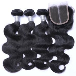 Tramas al por mayor de cabello brasileño 3 piezas de onda del cuerpo con 1 pieza de cierre Paquetes de cabello humano virgen tejen extensiones de cabello humano con 4x4 Lace Clo