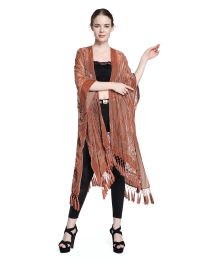 Wehello Bohemian Burnout Velvet Velvet Kimono Long Cardigan avec Couvre-Tassel Beach Up-Up Luxury Holiday Casual Cardigan châle