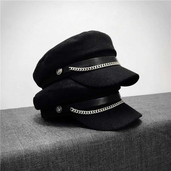 Weid Berets Utomn Winter Chain Black Military Berets Fomen Femme Femme Army Cap Salior Hat Girl Travel Berets Ladies peintres Cap D240418