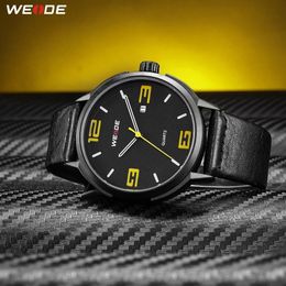 Weide Weide de alta calidad Fashion Casual Calendar Quartz Analógico Auto Date Reloj Wristwatches Store de cuero Negro PU Horas204s