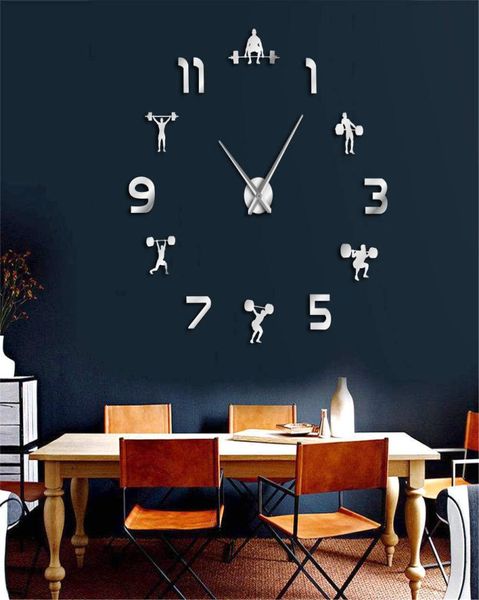 Haltérophilie fitness DIY Giant Clock Gym Sticker Watch 3D Luxury Wall Clock Creative Wall Art Decor for Gym 2011188130810