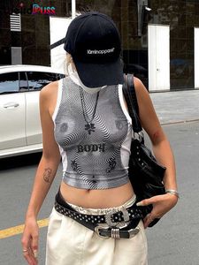 Raar poes body print vrouwen tanktops y2k mouwloze tailleloze elastische skinny hispters hot girl sexy feest streetwear wilde vest p230421