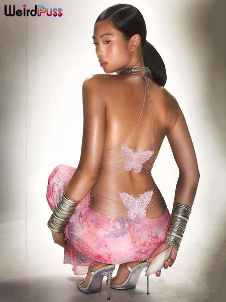 Weird Puss Chic Butterfly Women Vestido Maxi Impresión Correas de espagueti sin espalda V Cuel Halter Fodycon Hot Girls Club Vestidos