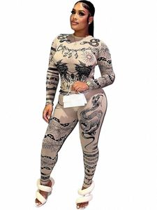 Raar Puss Drag Print Sexy Vrouwen Trainingspak Zien Door 2 Delige Set Hipster Crop Tops+Leggings Stretch streetwear Bijpassend Pak x9UL#