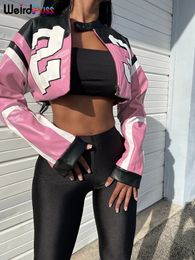 Bizarre Puss Faux Cuir Femmes Veste Hipster Lettre Imprimer Automne Tendance Casual Sportif Sauvage Streetwear Uniforme Varsity Crop Coat 240227