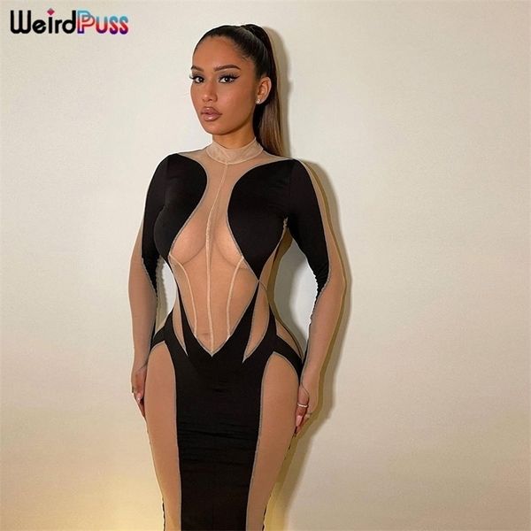 Weird Puss Mesh Patchwork Robe à manches longues Sexy Stretch Voir à travers le décolleté Col roulé Skinny Bodycon Femme Party Clubwear 220510