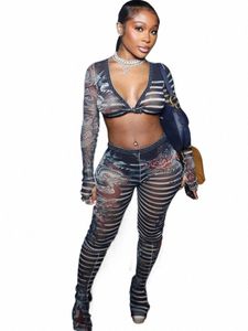 Bizarre Puss Sexy Voir à travers les femmes 2 pièces Ensemble Drag Print Minuit Noeud Col bas Crop Tops + Leggings Clubwear Tenues assorties y0GC #