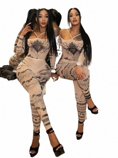 Bizarre Puss Sexy Voir à travers les femmes 2 pièces Ensemble Fi Coeur Imprimer Sl Cou Body + Leggings Assorti Minuit Clubwear Costume o4xy #