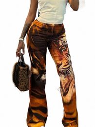 Bizarre Puss Tiger Imprimer Pantalon Flare Femmes 2023 Y2K Tendance d'été Skinny élastique Sauvage Casual Streetwear Basique Taille Haute Pantalon W0Ar #