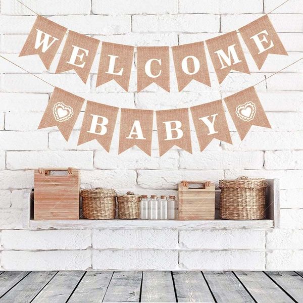 Bienvenido Bebé Arpillera Bunting Banner Bandera Escritura a mano Baby Shower Banner para Baby Shower Signo de bienvenida Bebé Foto Prop Género Revelar 1224580