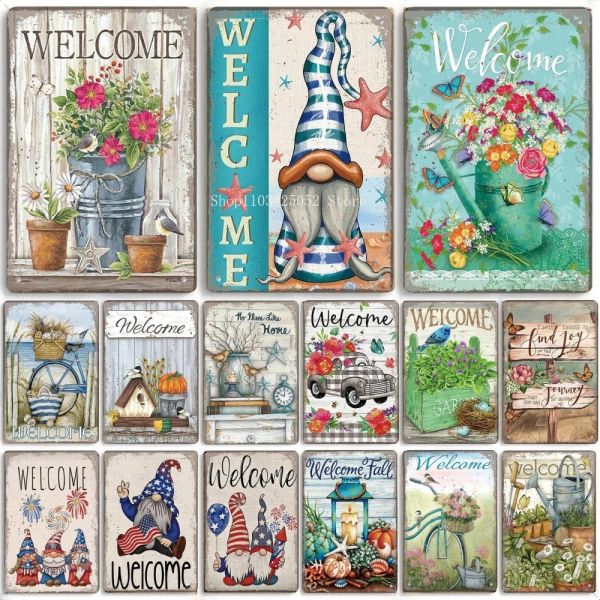 Bienvenue affiche Métals Signes de fleurs vintage Birds Car Metal Plaque Mur Mur pour chambre Cafe Living Garden Farm Beach Hut