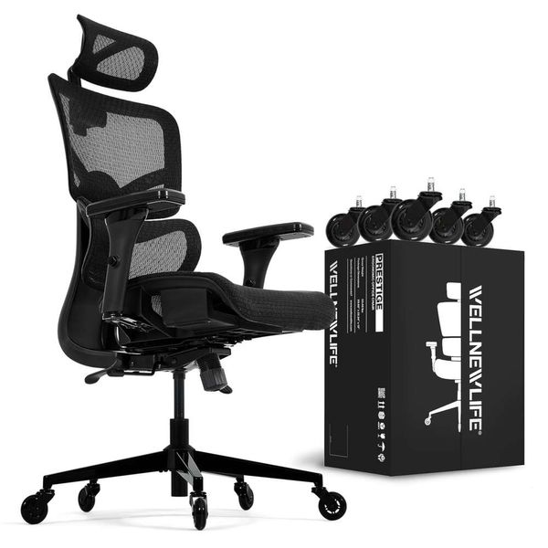 WELLNEW Oficina ergonómica Prestige: soporte lumbar con respaldo ajustable en altura, ajuste de profundidad del asiento, reposacabezas 3D, reposabrazos 4D, ruedas de cuchillas, juegos de computadora de malla