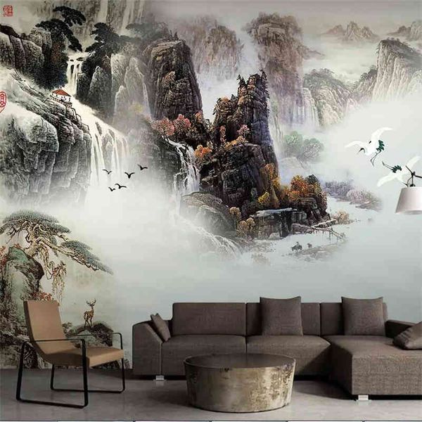 Wellyu, paisaje atmosférico, pintura china, TV, sofá, hotel, restaurante, Fondo de pared, papel tapiz verde grande, mural
