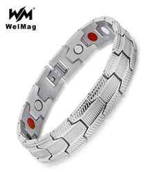 WelMag Bracelet de mode hommes magnétique Bio énergie en acier inoxydable large argent manchette Bracelets Homme bijoux de guérison cadeaux de noël3268910