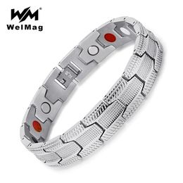 WelMag – Bracelet magnétique pour hommes, Bio énergie, en acier inoxydable, large manchette en argent, bijoux de guérison, cadeaux de noël, 186T