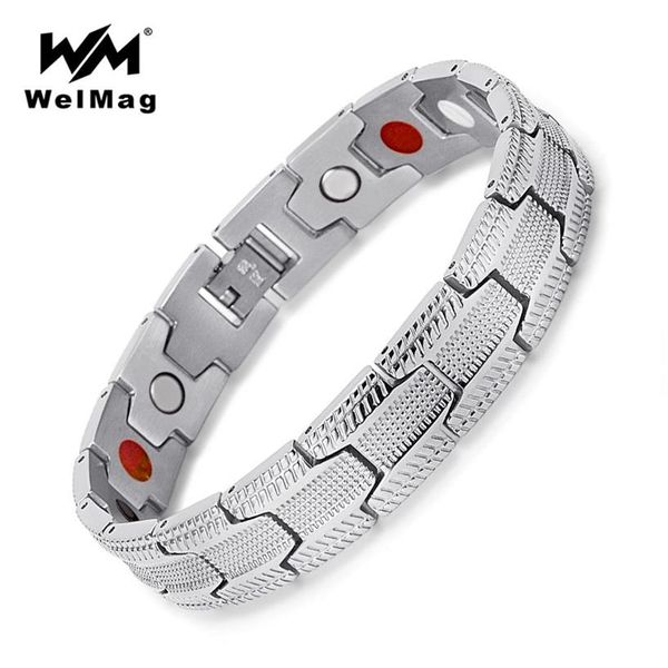 WelMag Bracelet de mode hommes magnétique Bio énergie en acier inoxydable large argent manchette Bracelets Homme bijoux de guérison cadeaux de noël228j