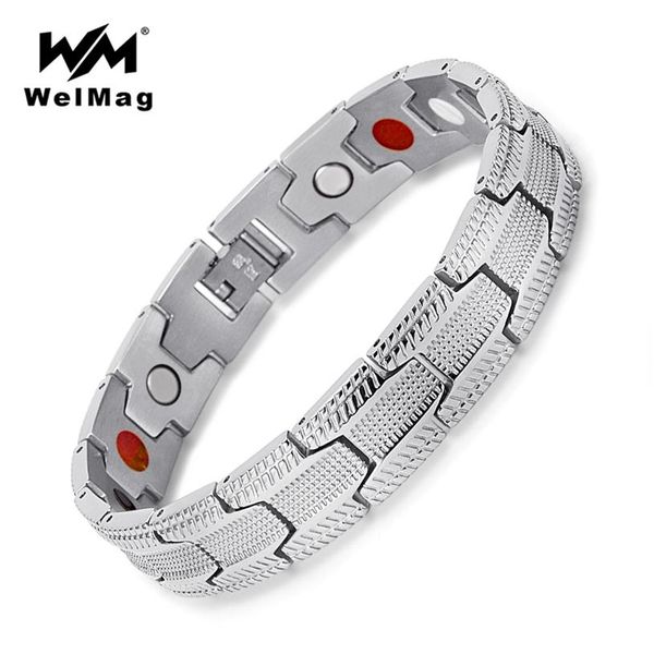 WelMag Bracelet de mode hommes magnétique Bio énergie en acier inoxydable large argent manchette Bracelets Homme bijoux de guérison cadeaux de noël296a