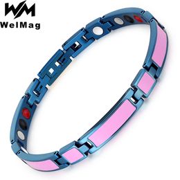Welmag roestvrijstalen armband voor vrouwen gezondheid blauw roze buig magnetische therapie bio energierelief polspijn 240515