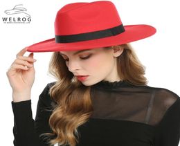 WELROG noir rouge Fedora chapeaux pour femmes Imitation laine Fedoras Panama feutre Chapeau hiver hommes Jazz chapeaux Trilby Chapeau Femme casquettes Y20015482316