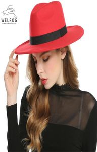 Welrog Black Red Fedora Chapeaux pour les femmes Imitation laine Fedoras Panama Felt Hat Hiver Men Jazz Chapeaux Trilby Chapeau Femme Caps Y20017639534