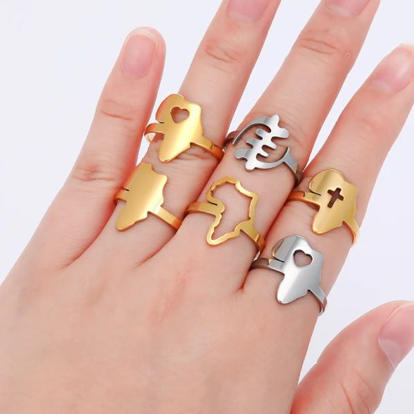 Anillos abiertos con mapa de África Wency Gye Nyame Heart Coss para mujer, oro amarillo de 14k, joyería cultural étnica africana a la moda, regalo