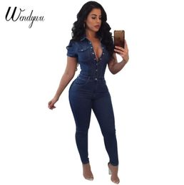 Wendywu plus size size jeans jumpsuit voor vrouwen korte mouw mode bodysuit rompers en jumpsuits 2018 denim overalls3096375