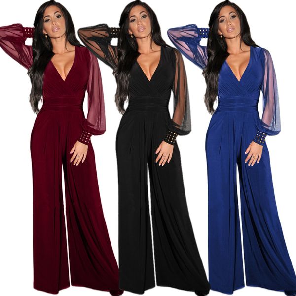 Wendywu mujeres atractivas con cuello en V de manga larga con remaches Bodycon de malla mono informal elegante de pierna ancha de una pieza del partido del mono del mameluco T200107