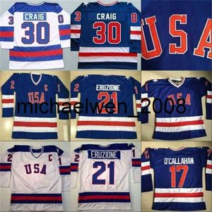 Weng 1980 Miracle On Ice Hockey Jersey #17 Jack O'Callahan #21 Mike Eruzione #30 Jim Craig Heren 100% gestikt Team USA hockeyshirts blauw