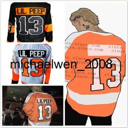 Weng Custom Fashion Star Lil Peep #13 Hockeyshirts Oranje Zwart Wit Gestikt Eigen naamnummer Heren Dames Jeugd