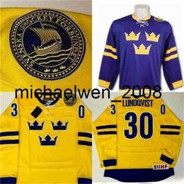 Weng – maillot suédois peint à la main pour hommes, n ° 30 Henrik Lundqvist, jaune violet, broderie 100% cousue, maillots de hockey