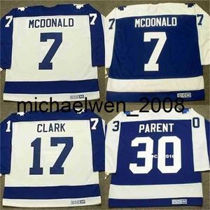 Weng Vintage Hockey Jersey 7 Lanny McDonald 17 Wendel Clark 30 Bernie Parent Hockey Jerseys Blue Blanc