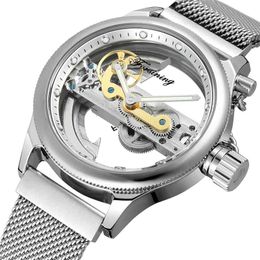 wengle Nieuwe hoogwaardige Enkele brug Volautomatische Mesh riem Transparante cadeaujurk casual Mechanische horloges242Z