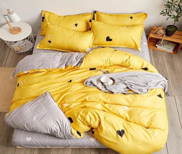 WENSD Ensemble de literie jaune simple Double personne literie en forme de coeur ensemble de housse de couette drap couette beddengoed roupa de cama Y1925777