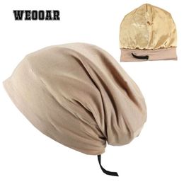 WEOOAR réglable doublé de Satin Bonnet pour femmes hommes soie Satin chapeau cheveux nuit pour dormir casquette coton Bonnet capuche MZ226 220124209f