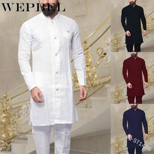 WEPBEL Moslim Mode Heren Kaftan-gewaden Vintage Lange Mouwen Linnen Button Shirt Islamitische Abaya Kleding voor Mannen Plus Size S ~ 5XL C1210