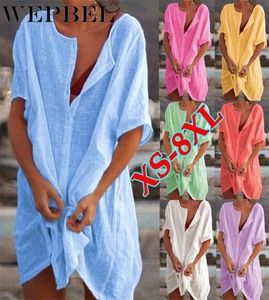 Wepbel dames mode zomer zomer korte mouw lange blouses casual losse solid kleur plus size strand slijtage coverup korte linnen blouse t8212906