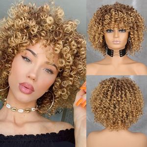 Werd Curly Afro Blonde met pony schouderlengte S Kinkys Synthetisch vol voor zwarte vrouwen 240327