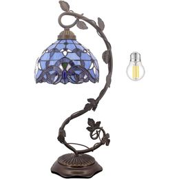 WERFACTORY Lampe de table Tiffany : Lampe de bureau de lecture en verre teinté bleu violet de style baroque avec base en feuille de métal - Parfaite pour les petits espaces, la chambre à coucher, le bureau à domicile