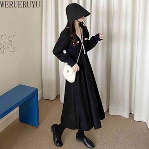 Werueruyu automne et hiver femmes européennes et américaines style Hepburn noir rétro col en V robe de velours 210608