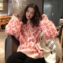 WERUERUYU Otoño Invierno Mohair leopardo suéter mujer suéter mujer suéteres de punto suéter de gran tamaño Jumper 210608