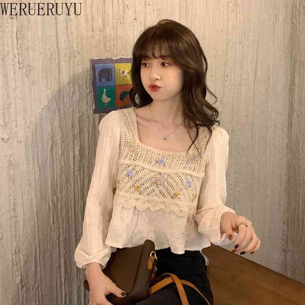 WERUERUYU Chic Broderie Dentelle Blouse Femmes Tops Été Découpe Vintage Français Col Carré Causal Chemise Blanche Femmes 210608