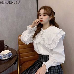 Werueruyu elegante witte herfst winter vrouwen blouse kantoor dame doll kraag korte vrouwelijke blouse causale lange puff shirt 210608