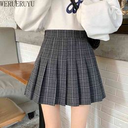 Werueruyu Harajuku A-lijn Mini Plaid Rok Meisje Hoge Taille geplooid Sailor Koreaanse Kawaii School Uniform Korte rok Sort 210608