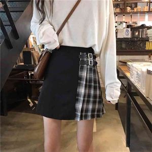 Werueruyu Onregelmatige Contrast Kleur Stitching Plaid Rok Japanse Punk Windbreaker Riem Hoge Taille Mini 210608